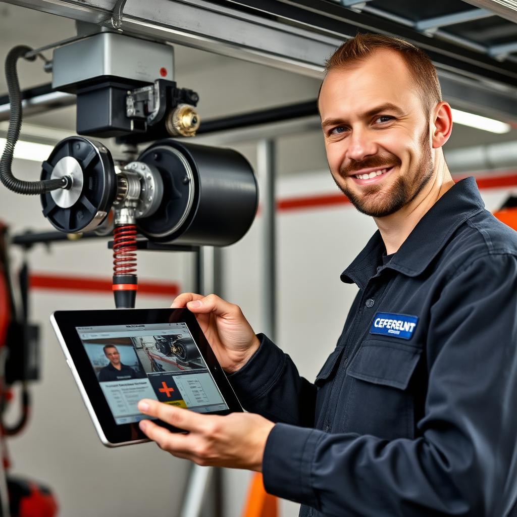 Hanson Garage Doors technician performing digital inspection with tablet